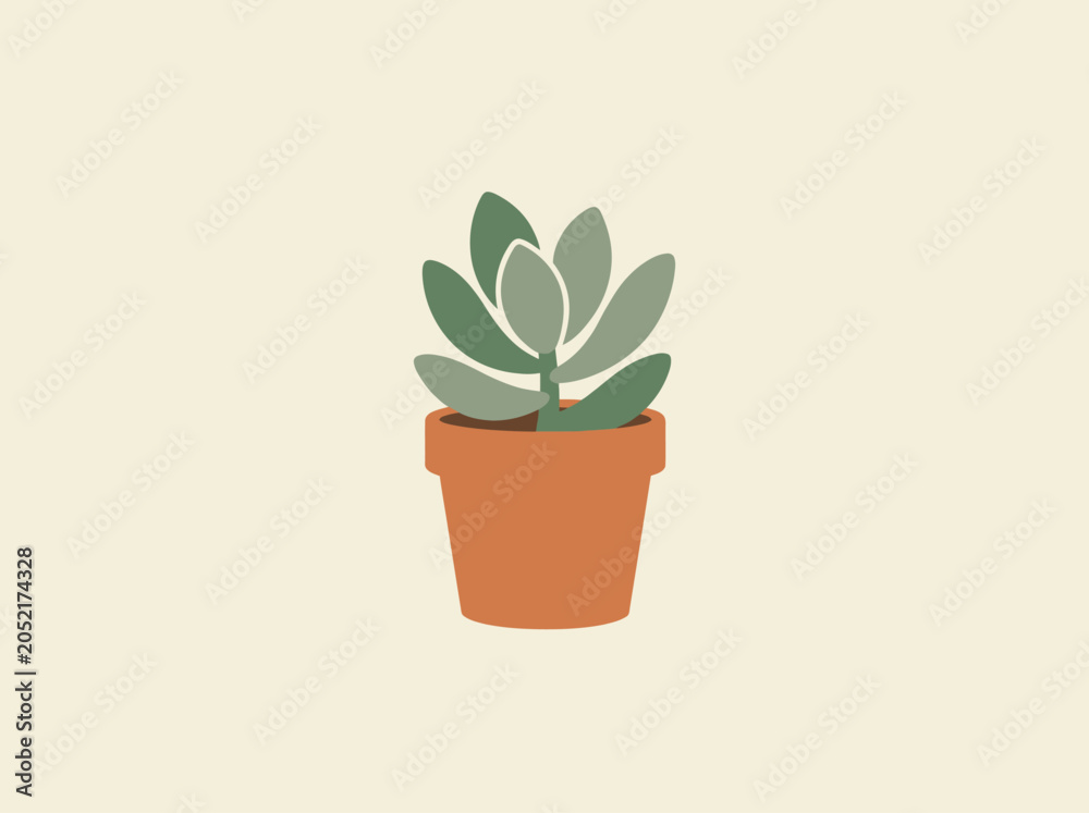 Obraz premium Minimalist Illustration of a Succulent Plant in a Terracotta Pot, Green Potted Houseplant Vector Art on Cream Background