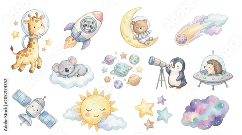 Принти на полотні Adorable cosmic adventure watercolor set featuring animals, stars and dreamy galaxy decor
