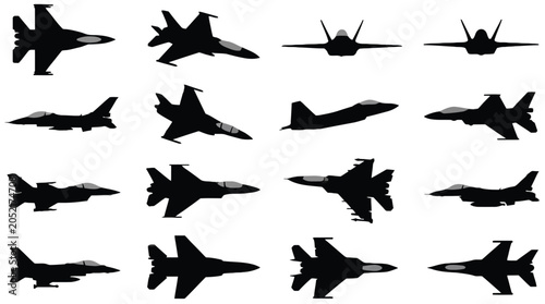 Tableau sur toile Military fighter jet silhouette icon set with 16 modern combat aircraft shapes f