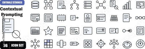 Bild auf Leinwand A premium 36-icon flat outline set covering AI system prompt engineering, repository metadata ingestion, context-aware code completions, and machine learning intelligence tools