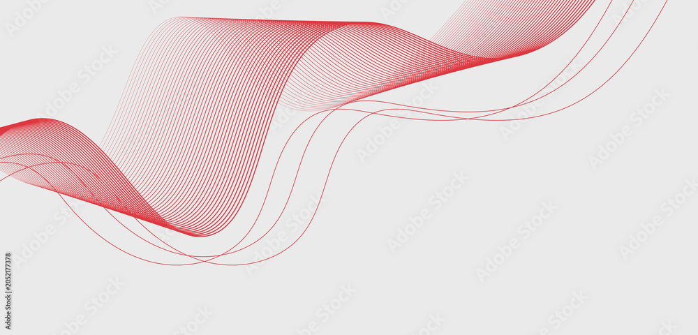 Fototapeta premium Abstract red wave stripes on a white background with dynamic line art and particle effects.