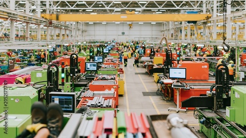 Industrial manufacturing production line with workers in safety gear and overhead crane for factory logistics, heavy industry business and metallic hardware engineering