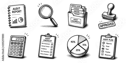 Auditing sketch icon collection in black. Set of audit report, magnifying glass, audit documents, approval stamp, calculator, audit checklist, pie chart and audit plan icons