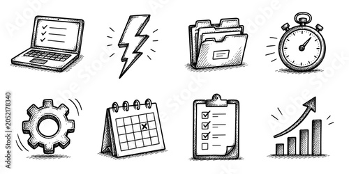Productivity and organization sketch icon collection in black. Set of task management laptop, energy, file organization, stopwatch, workflow, schedule, checklist and business growth