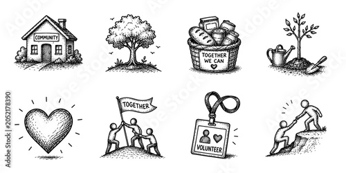 Community support sketch icon collection in black. Set of community center, tree, donation basket, planted sapling, heart, teamwork flag, volunteer badge and helping hand icons in doodle style
