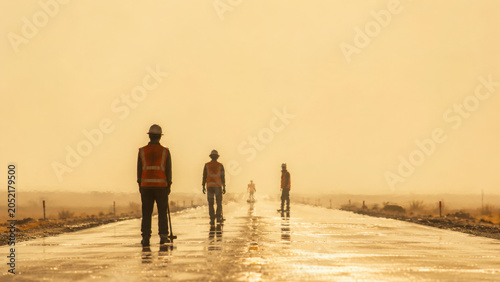 Workers in safety vests walk along sunlit road, facing heat and stress from environment, showcasing determination and resilience