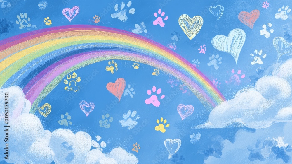 Obraz premium 92.Gentle illustrative composition honoring pet remembrance, rainbow bridge across sky, symbolic hearts and paw icons, serene blue background for awareness materials