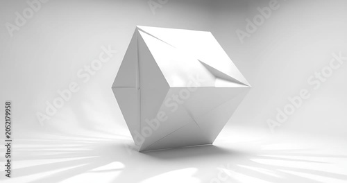 Abstract white geometric origami polygon rotating on a clean bright studio background, minimalist modern 3d design
