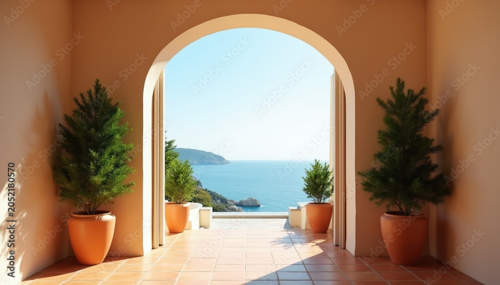 Fototapeta premium Arched entryway reveals tranquil blue sea view. Two evergreen trees in terracotta pots frame the passage. Sunny day on mediterranean coast creates peaceful mood.