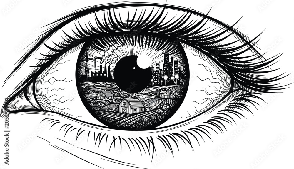 Obraz premium Detailed Hand Drawn Human Eye Illustration Featuring Industrial Cityscape and Rural Landscape Reflection in Iris