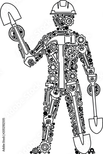 Construction Worker Made of Gears, Tools and Industrial Components Holding Shovels and Wearing Safety Helmet Symbolizing Engineering, Labor and Innovation