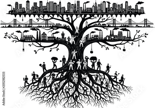 Industrial Tree of Life Illustration Connecting Workers, Factories, Cities and Infrastructure Symbolizing Economic Growth, Labor, Industry and Sustainable Development