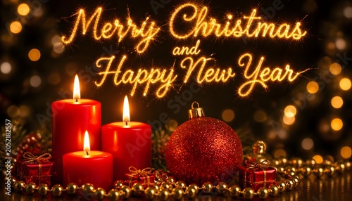 Merry Christmas and Happy New Year festive holiday greeting with candles and ornaments