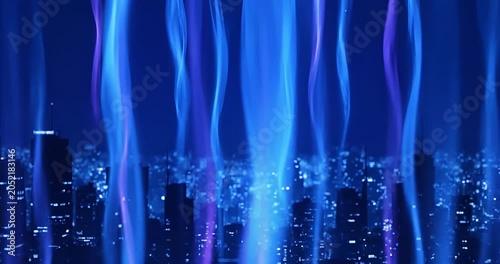Blue light beams over city skyline at night, futuristic urban technology concept
