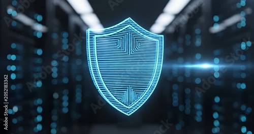 Digital security shield interface in data center, cybersecurity protection concept
