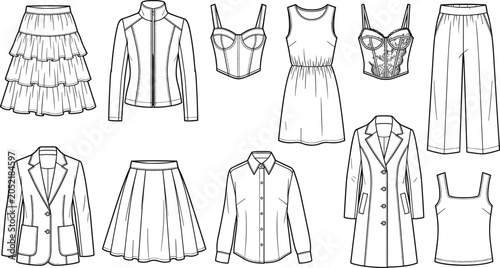 Collection of women fashion capsule wardrobe garments and apparel design elements technical sketch vector illustrations isolated on white background