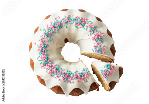 Bundt cake with white icing and colorful sprinkles isolated on transparent background