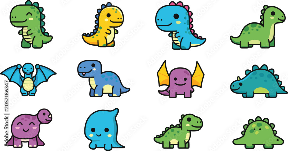 Obraz premium Cute Dinosaur Cartoon Character Collection Vector Set Isolated on White Background