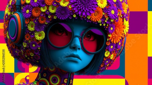Woman wearing a flower hat dressed in 70´s inspired clothes.