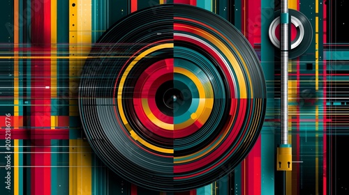 cubistic vinyl record wallpaper in 70s retro style.