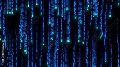 Dynamic Grid of Code Cascading Downwards. Neon Blue Cybersecurity Background. Seamless Loop.