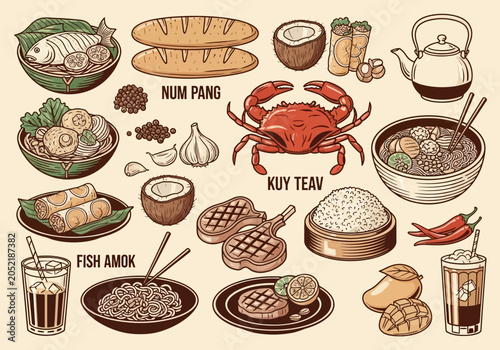 Photos Cambodian Food Illustration Set - Traditional Khmer Cuisine with Fish Amok, Num
