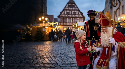 Little girl receiving a gift from saint nicholas at a christmas market