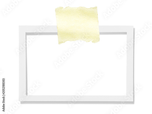 Vintage photo frame card with textured paper and adhesive yellow tape, isolated on transparent PNG background