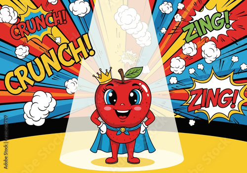 Photos Apple Superhero Character in Pop Art Comic Book Style with Spotlight and Crown