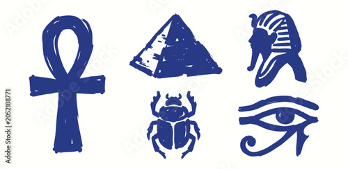 Fotografía Hand drawn blue Egyptian symbols set for cultural heritage branding
