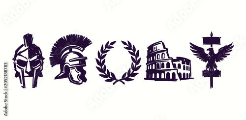 Cuadro en lienzo Ancient Roman and Greek historical icons set in hand drawn ink sketch style for