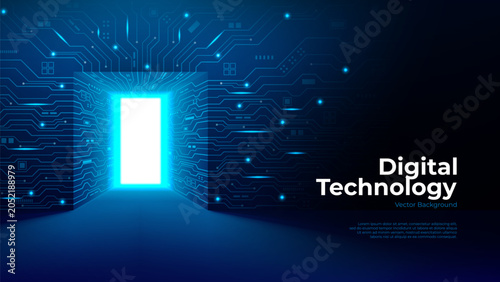 Futuristic digital portal concept. Vector illustration with open glowing door with circuit board lines on walls. Innovation technology concept, game design background. Gateway or path to metaverse.