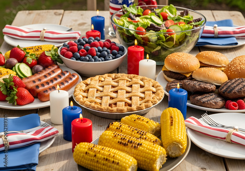 A summer barbecue event with people gathering around a table filled with food including corn, burgers, salad, and pie in a garden on a sunny day.