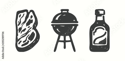 Bild auf Leinwand Barbecue icons featuring meat grill and sauce bottle for rustic summer food menu