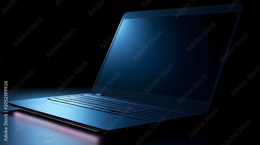 Obraz premium A modern laptop is featured with dynamic blue backlighting creating a futuristic and high tech atmosphere