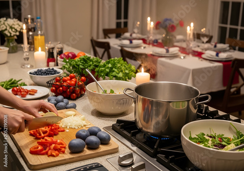 A person prepares a salad with fresh vegetables on a kitchen counter for a dinner party in a dining room.