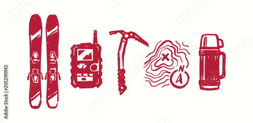 Foto Winter adventure equipment icons in hand drawn sketch style for mountain tourism