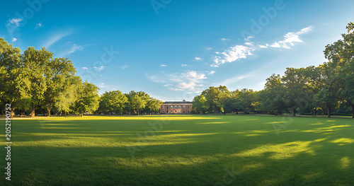 Scenic panoramic view of a large green lawn surrounded by trees and a historic building under a clear blue sky on a sunny summer day
