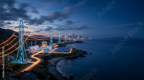Smart energy grid with glowing power lines near a coastal city at night