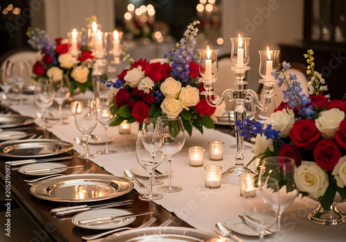 A romantic dinner setup with roses and candles on a long table indoors for a special occasion with people.