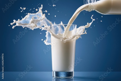 Milk splash pouring into a glass on a blue studio background with sharp macro focus for dairy product marketing and healthy beverage advertising