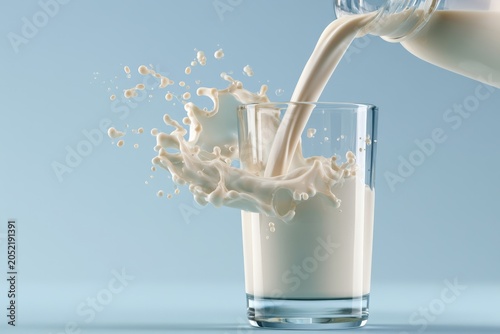 Fresh milk pouring into a glass with a dynamic splash on a blue background in a high-speed macro shot for dairy product and food marketing