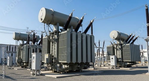 Large industrial electrical transformer situated in a power substation with clear blue sky overhead