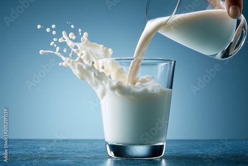 Fresh milk pouring and splashing into a glass on a dark surface in a sharp macro shot for dairy product marketing and beverage advertising