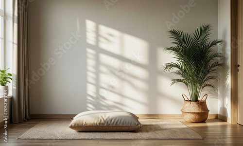 minimalist mindfulness corner with floor cushion, plant and sunlight Generative AI