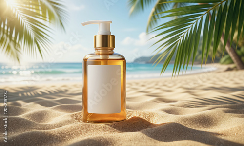 premium sunscreen bottle mockup on beach sand with soft shadows, tropical summer atmosphere, blank label Generative AI