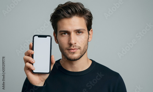 stylish male model holding smartphone with blank screen toward camera,  technology advertisement Generative AI