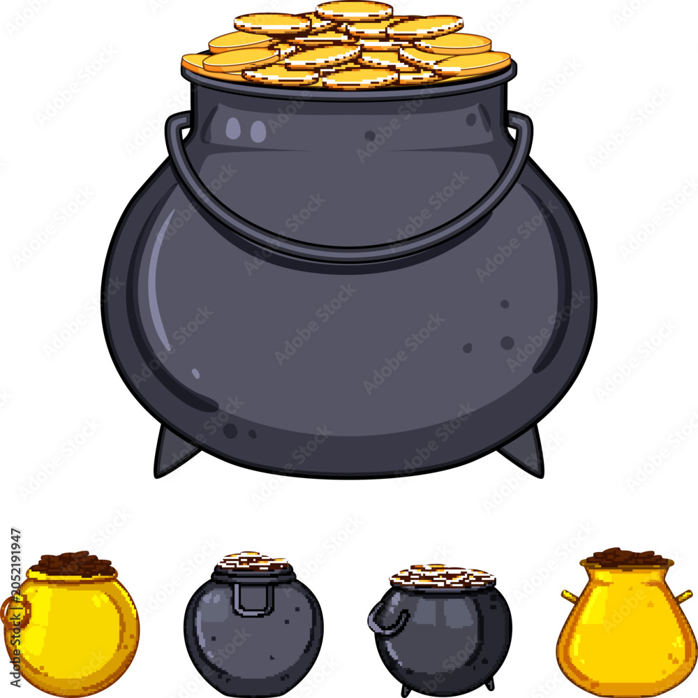 Obraz premium Illustrating various black caldrons and golden pots overflowing with shining coins, this collection bundles objects symbolizing wealth, luck, and hidden treasures