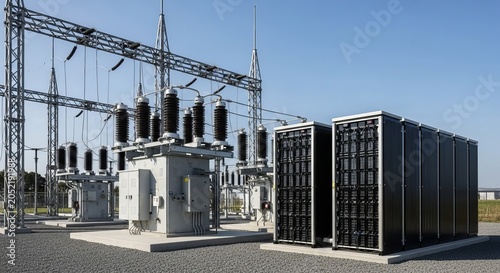 Modern electrical substation infrastructure with transformers and energy storage units under a clear blue sky