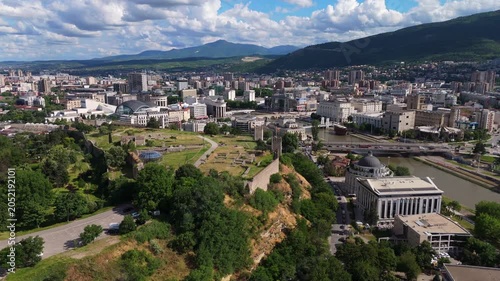 drone aerial of Skopje, North Macedonia, capital city 